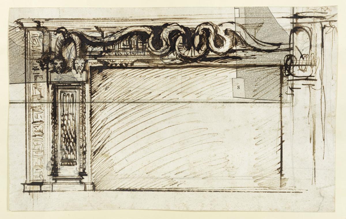 Entwurf für eine Kaminrahmung auf einem Fragment einer Radierung, Taf. 1  aus "Descrizione e disegno dell'emissario del Lago Albano"