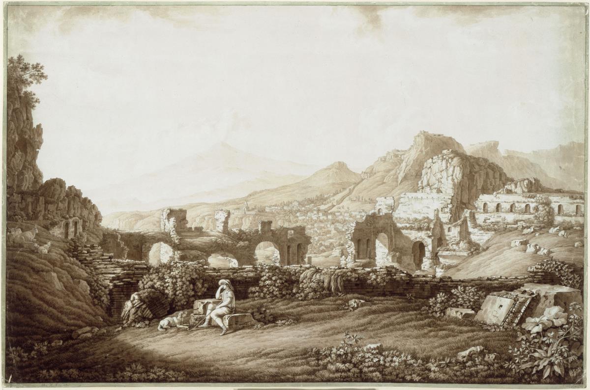Blick auf die Ruinen des Theaters von Taormina und den Ätna
