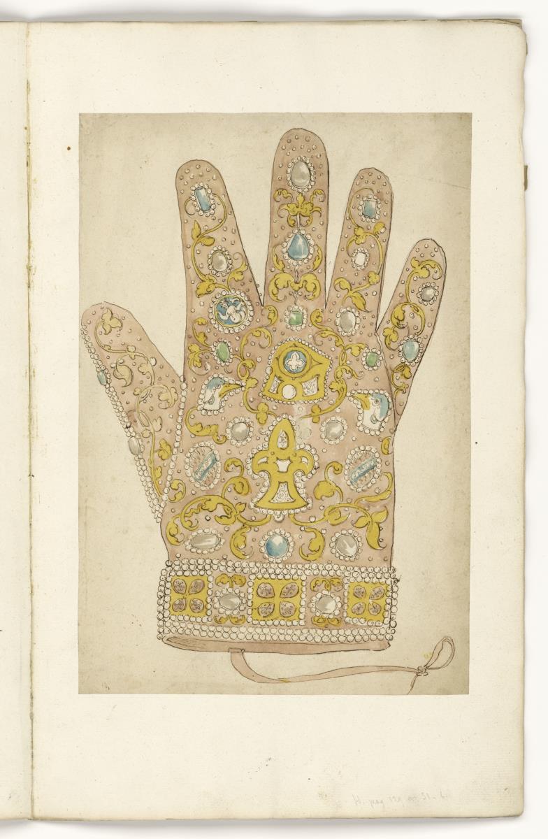 Handschuh, eingeklebte Zeichnung
