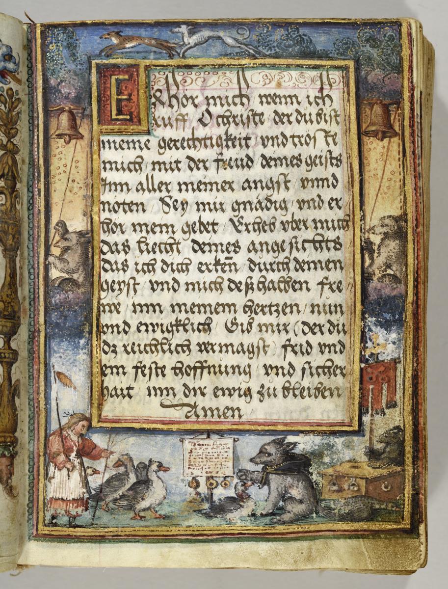Psalter des Grafen Karl Wolfgang zu Oettingen. Textfeld mit Initial E und Leistenumrahmung mit Tiersatire auf den Ablaßhandel