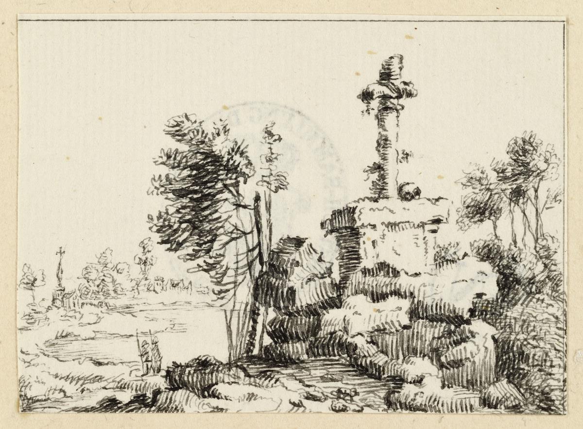 Landschaft mit zwei einander in der Ferne gegenüberstehenden verwitterten Kreuzen, im Tal zwei Wanderer