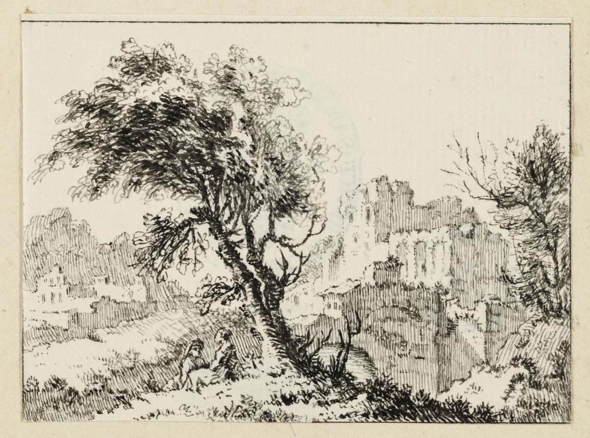 Landschaft: Im Vordergrund lagerndes Paar unter einem Baum, im Hintergrund Ruinen