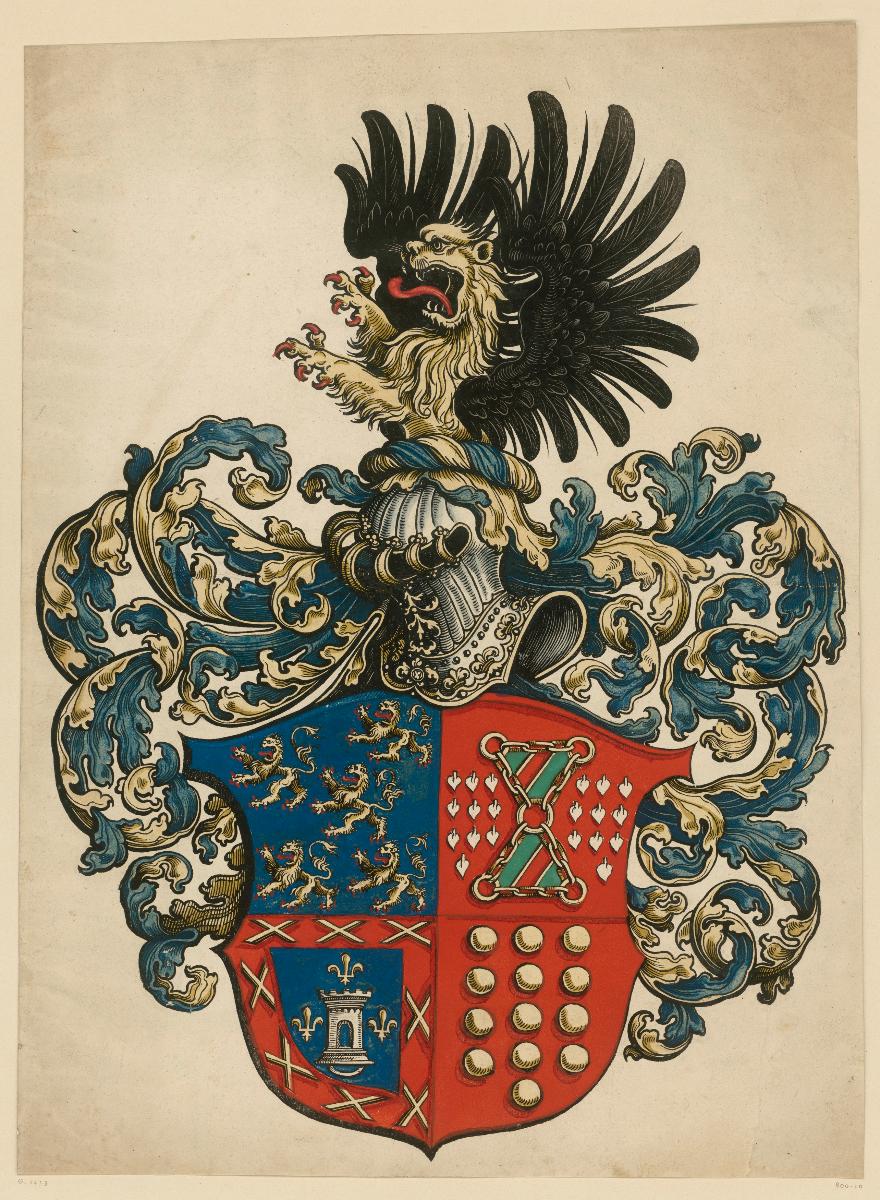 Wappen (unbekannt) mit Helm und Blattwerk eingefasst