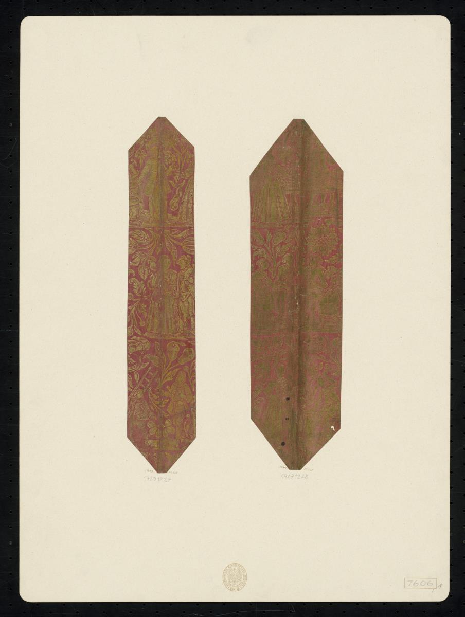Brokatpapier (Figürliche Szenen und Ranken mit Blüten und Früchten)