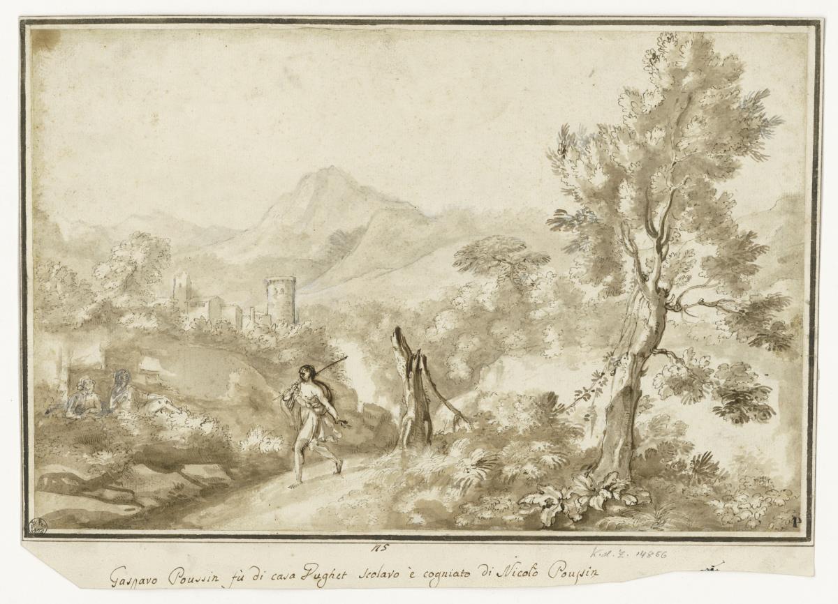 Gebirgige Landschaft mit Burg im Mittelgrund, vorne mythologische Szene