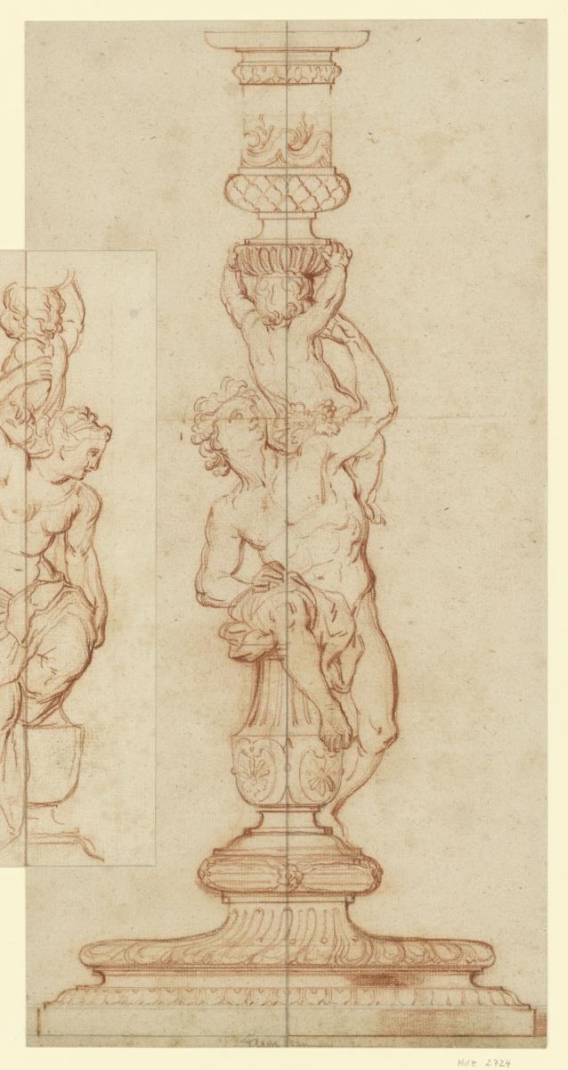 Großer Leuchter mit männlicher Figur, ein Kind auf der Schulter tragend