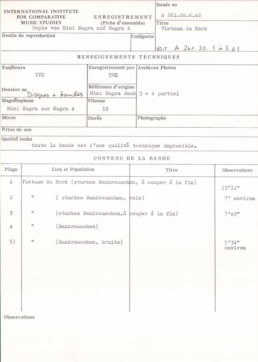 Vietnam du Nord / voir A 261.20.1. à 3.01