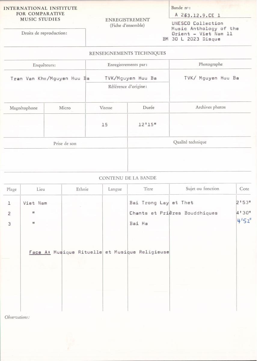 UNESCO Collection / Music Anthology of the Orient - Viet Nam 11 / BM 30 L 2023 Disque