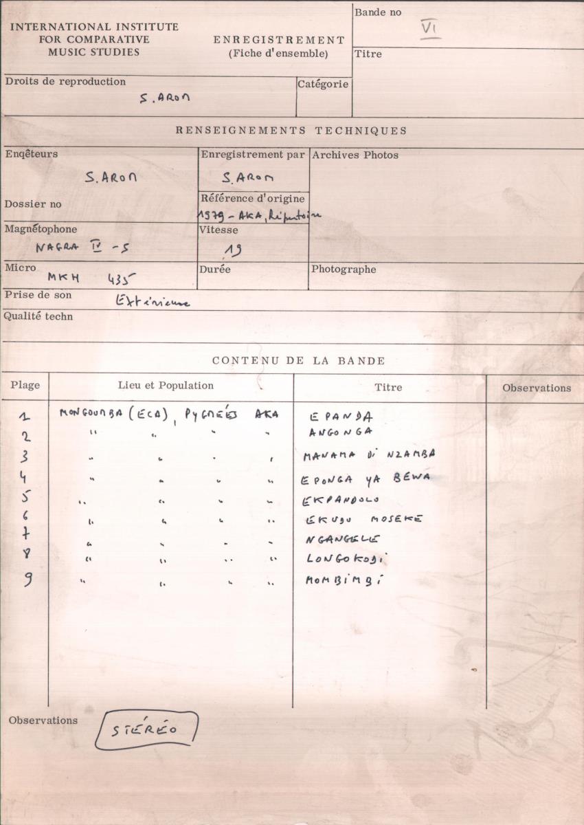 Arom VI, 1979 - Aka, Repertoire