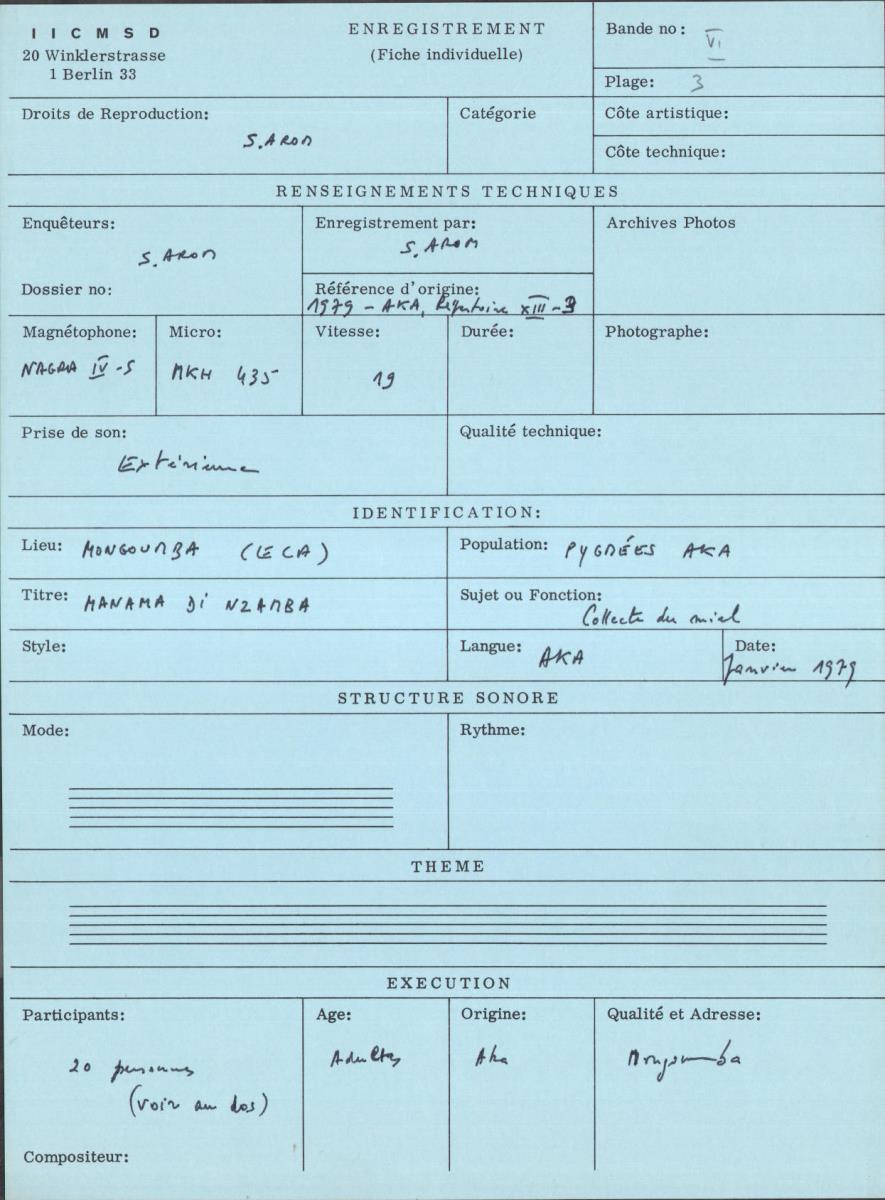 Arom VI, 1979 - Aka, Repertoire