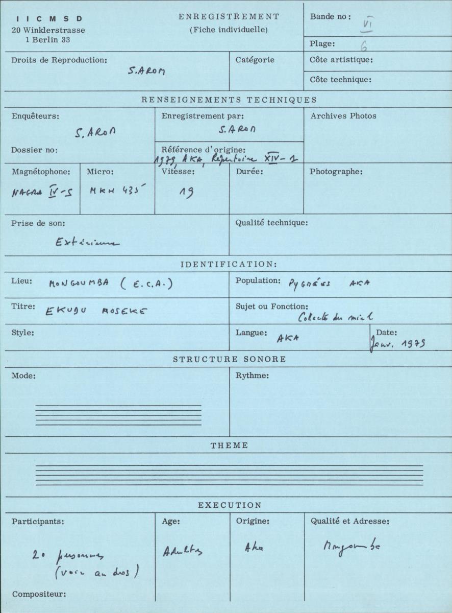 Arom VI, 1979 - Aka, Repertoire
