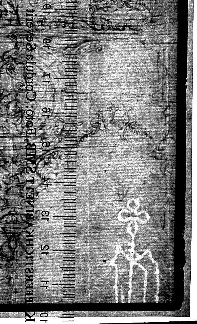 Ornamentale architektonische Konstruktion (Unterseite des linken Teils, zugehörig sind fol. 18v, 20v, 30v), stehender Mann im Mantel, zwei Kartuschen mit Engels- und Widderkopf, architektonisches Fragment (Architrav?)