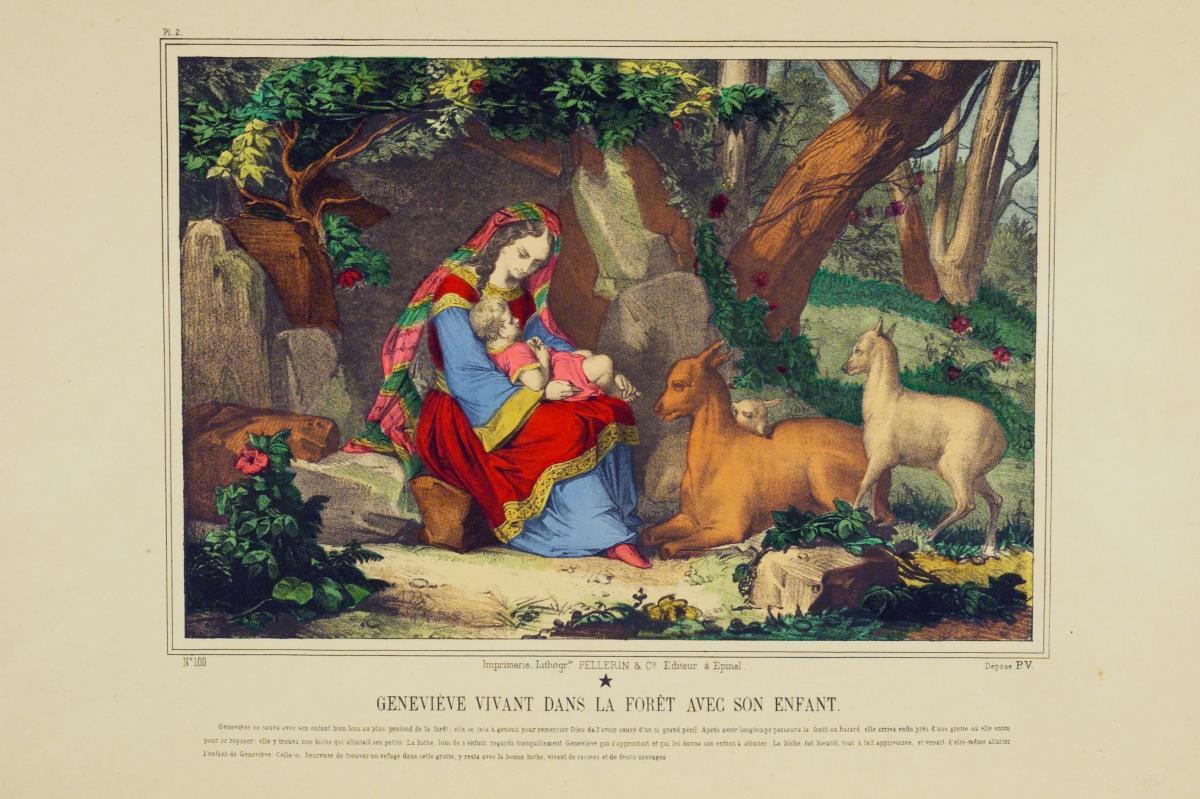 Geneviève vivant dans la forêt avec son enfant [Genovefa lebt mit ihrem Kind im Wald]