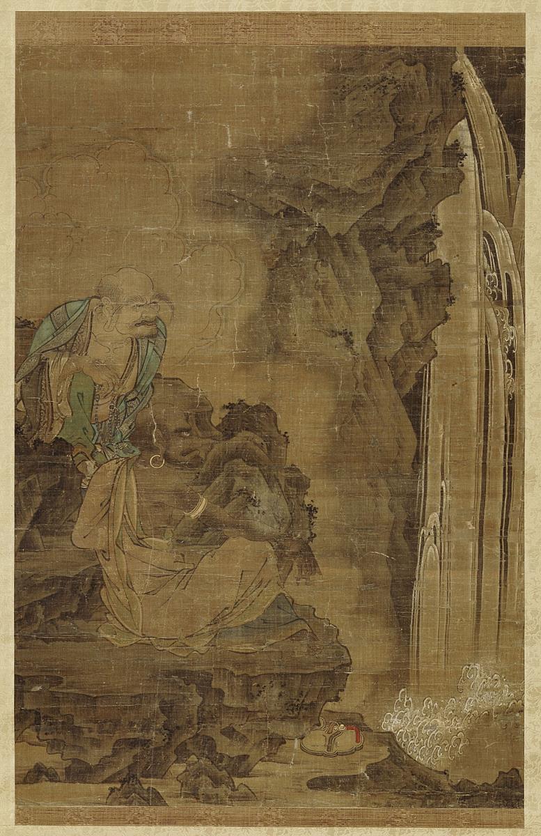 Zwei Arhats (Rakan) betrachten den Wasserfall