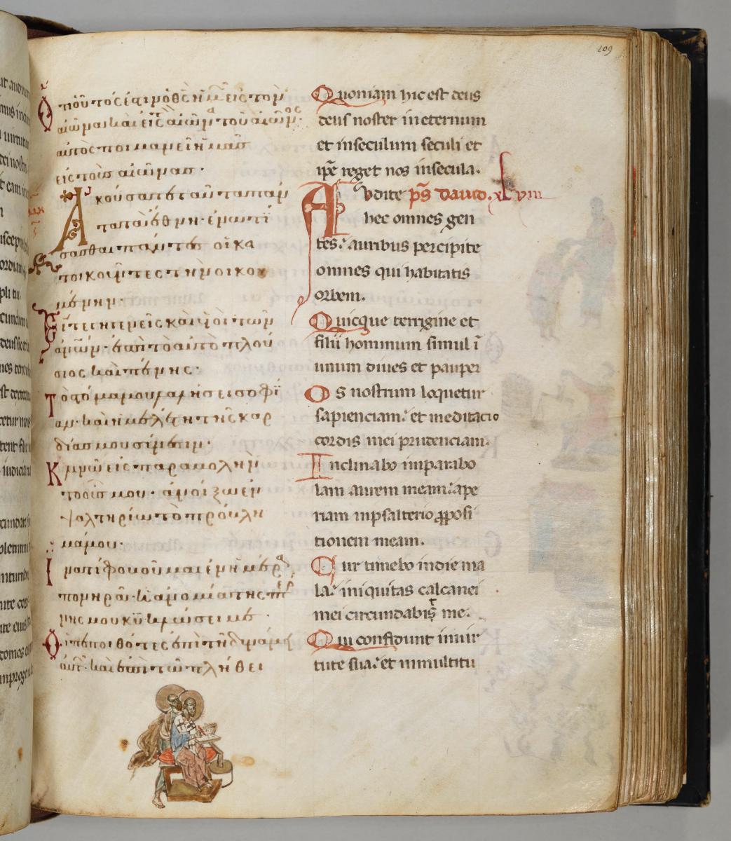 Psalterium und Breviarum graeco-latinum: Geistlicher mit Nimbus (Johannes Chrysostomus) am Schreibpult, hinter ihm ein Heiliger