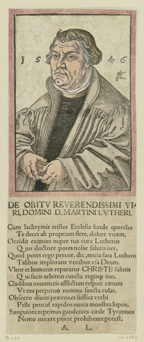 Martin Luther; Halbfigur zur Linken, ein Buch haltend