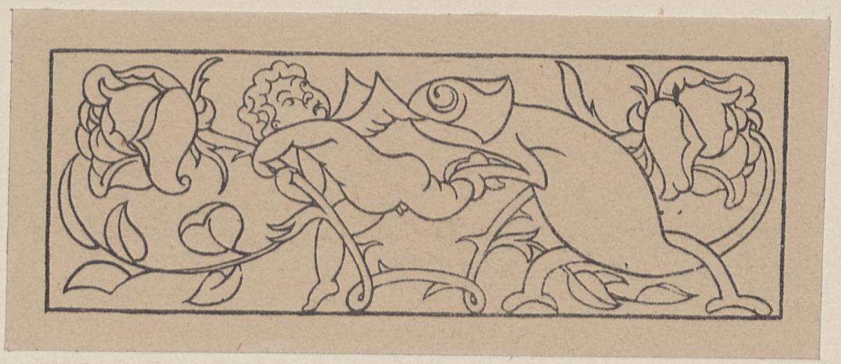 Vignette mit Putto, Chameleon und zwei Rosen