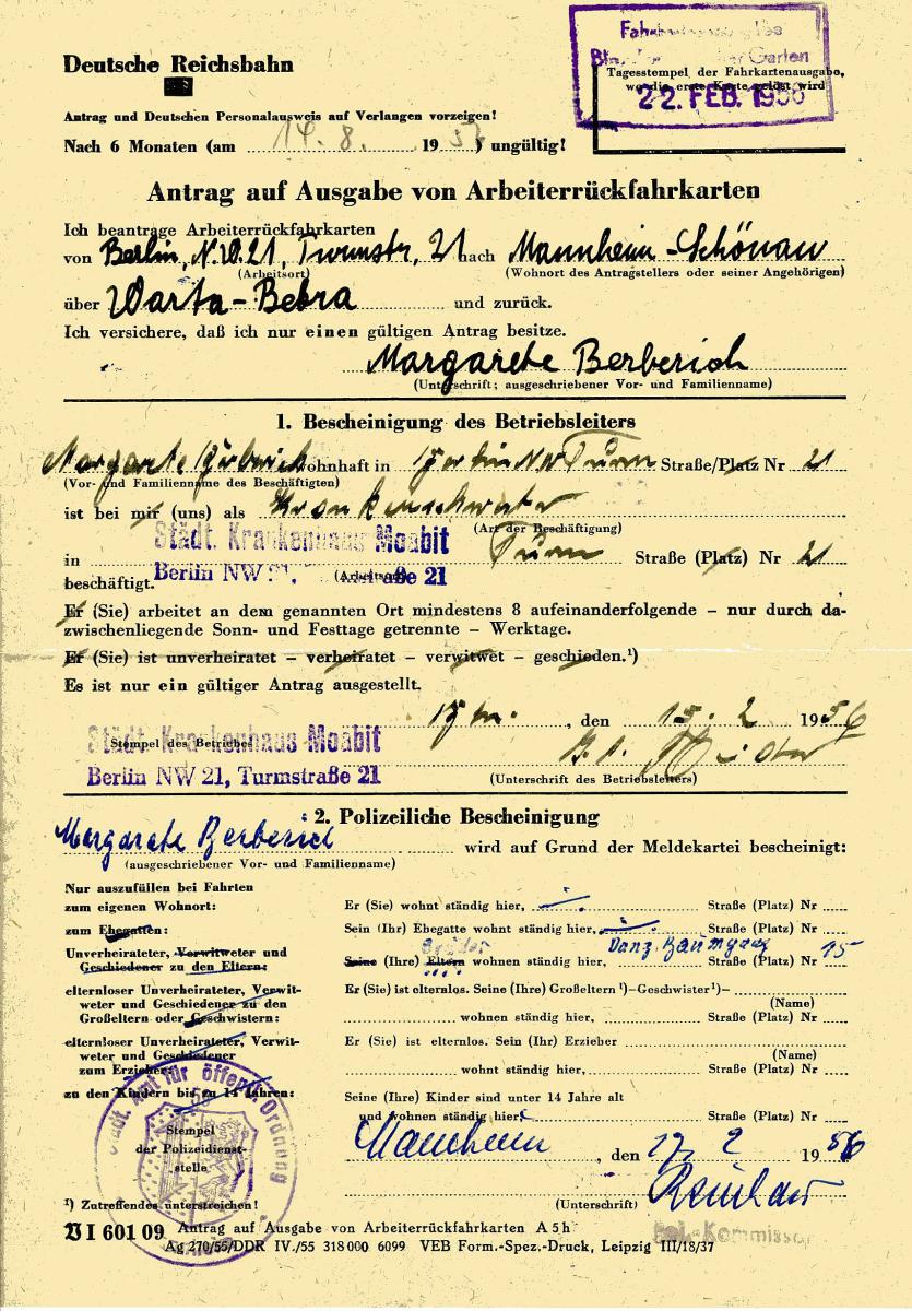 Antrag auf Ausgabe von Arbeiterrückfahrkarten der Deutschen Reichsbahn