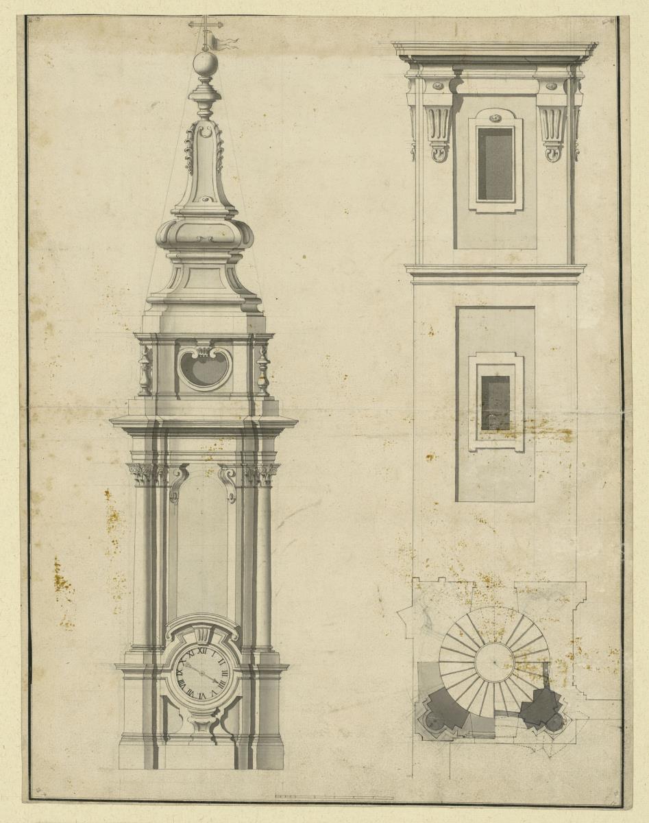 Entwurf für den Turm der Casa della Communitá von Mantanaro, Aufrisse und Grundriss