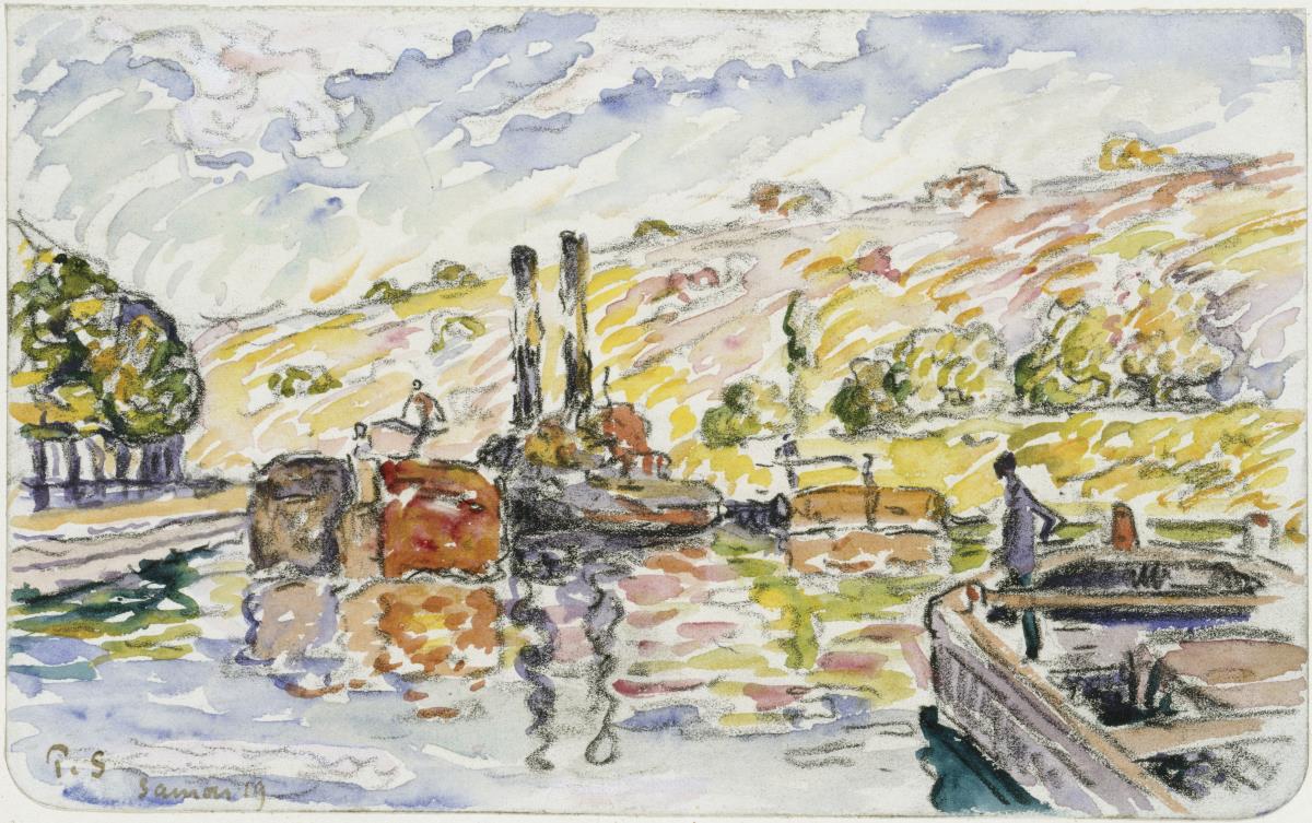 Flusslandschaft mit Schleppern und Kähnen