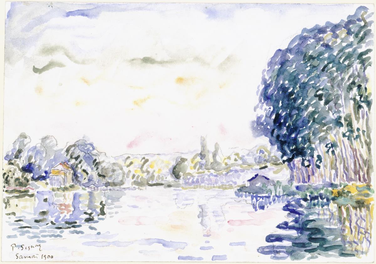 Flusslandschaft mit Häuschen und Bäumen