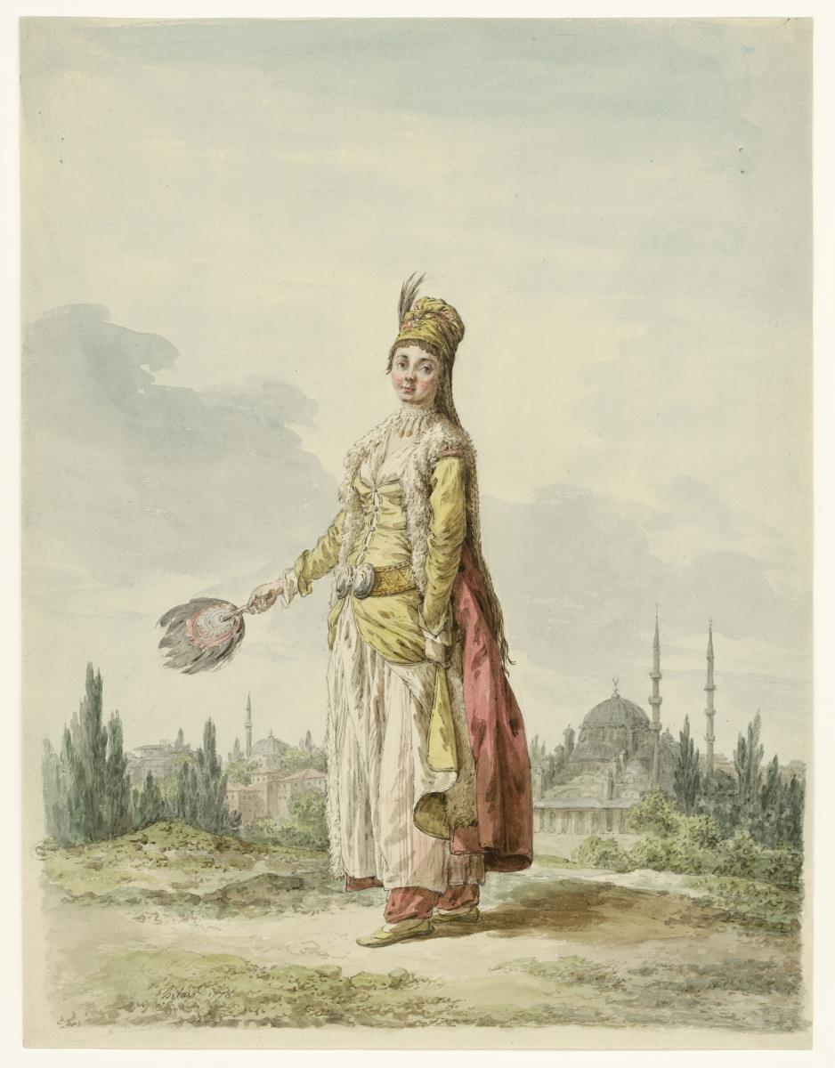 Eine Frau in türkischer Tracht vor einer Stadtansicht Konstantinopels
