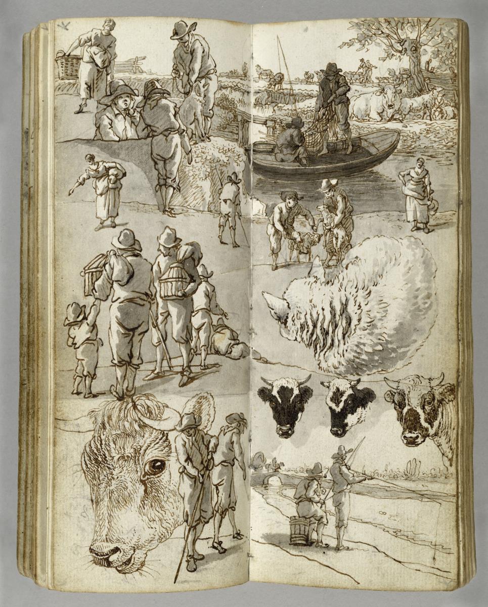 Studienblatt mit Figuren, Szenen und Tierköpfen