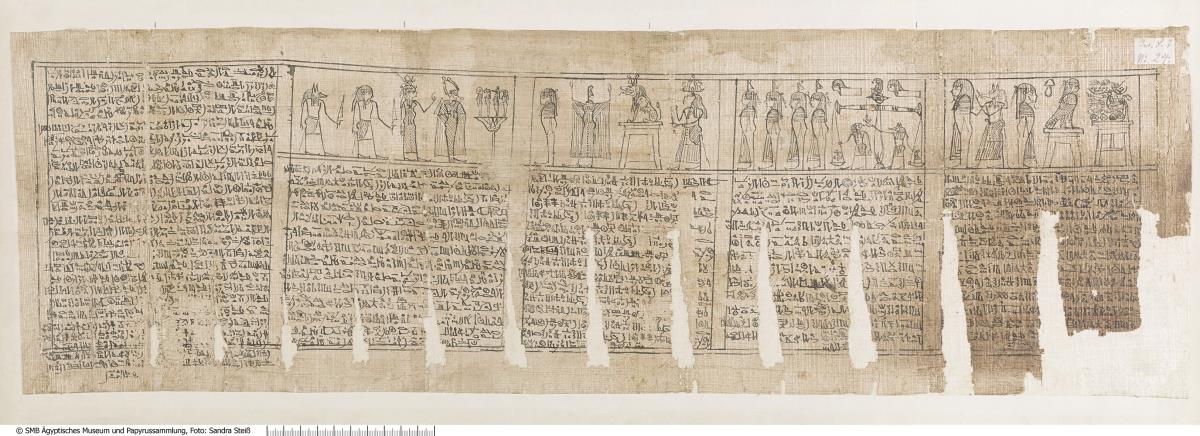 Hieratischer Papyrus mit einem Auszug aus dem "Buch vom Atmen", hier mit Totenbuch-Vignetten