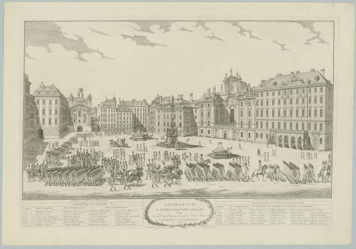 Ausmarsch des löblichen Wiener bürglichen Artillerie Bombardier Corps am Vermählungstag von Napoléon und Louise, 12. März 1810