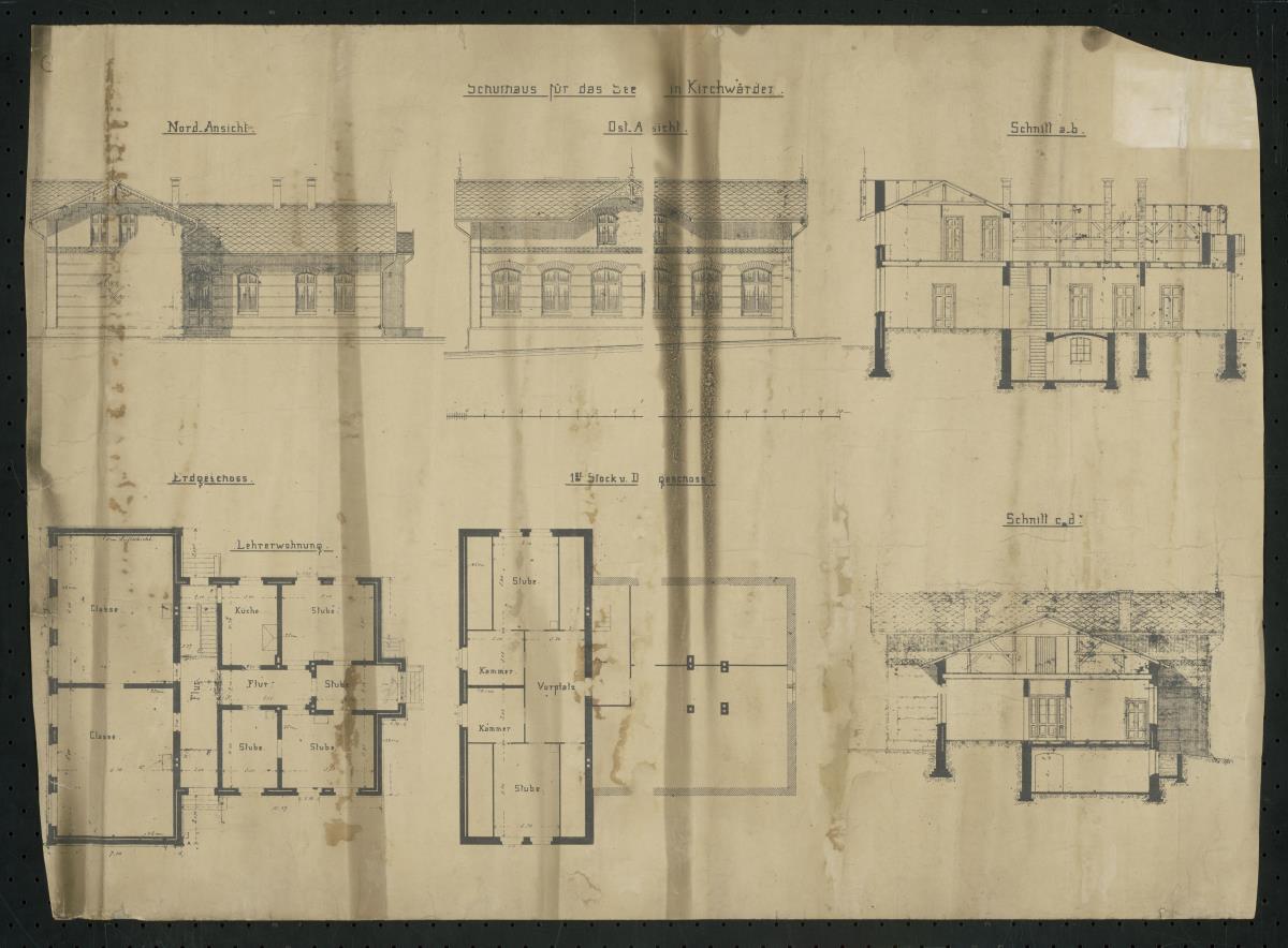 Umbau Schulhaus Seefeld, Hamburg, Ansichten und Grundrisse EG und 1. OG