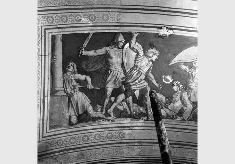 Blick auf das zum Teil zerstörte Deckengemälde "Die Nibelungen-Sage" von Ernst Ewald in der Querhalle der Nationalgalerie
