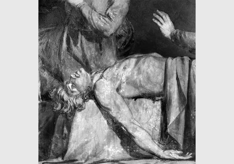 Blick auf das zum Teil zerstörte Deckengemälde "Die Nibelungen-Sage" von Ernst Ewald in der Querhalle der Nationalgalerie