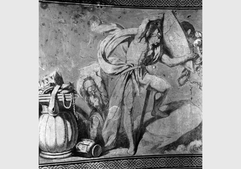 Blick auf das zum Teil zerstörte Deckengemälde "Die Nibelungen-Sage" von Ernst Ewald in der Querhalle der Nationalgalerie