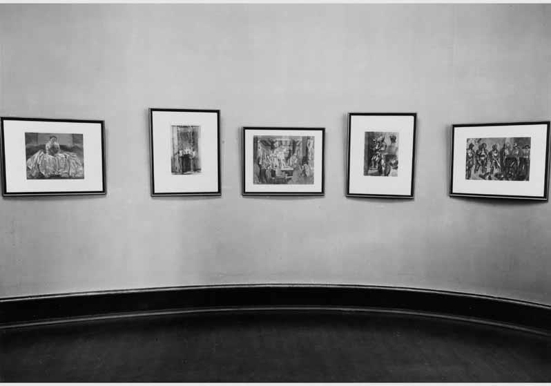 Blick in die Ausstellung der Nationalgalerie, Kabinett mit Aquarellen und Zeichnungen von Adolph Menzel