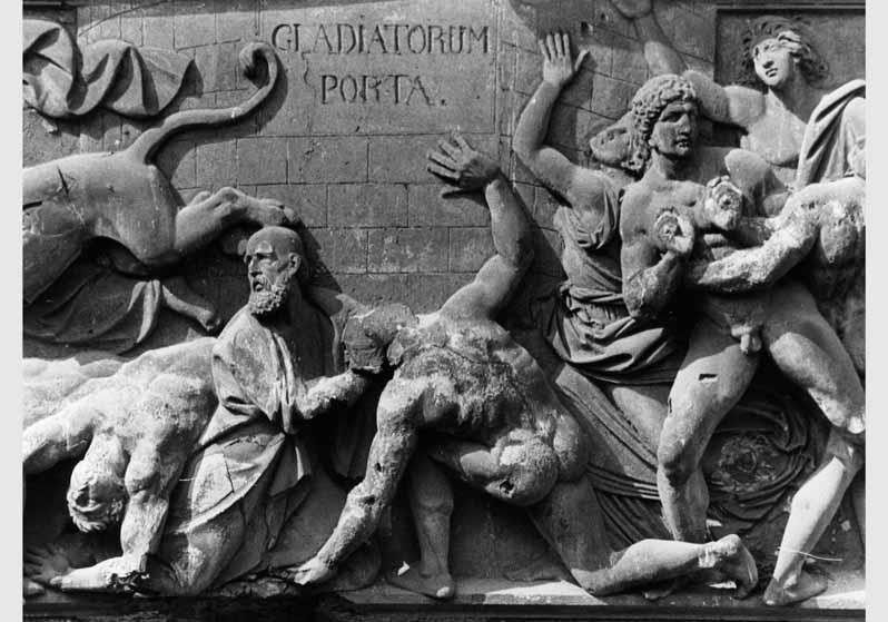 Blick auf einen Teil des Frieses "Untergang von Pompeji durch die Gewalt der Naturelemente" von Hermann Schievelbein im Griechischen Hof des Neuen Museums