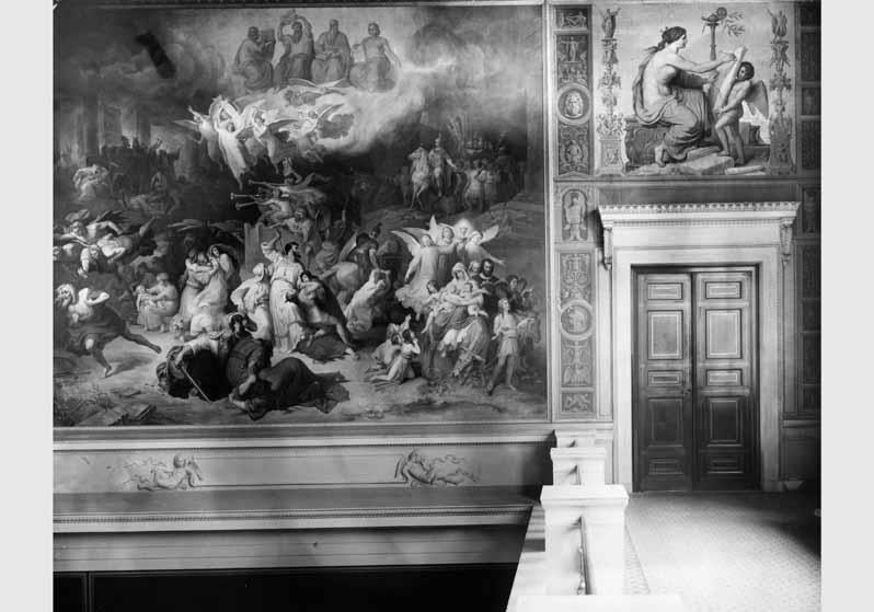 Blick auf die Wandbilder von Wilhelm von Kaulbach "Die Zerstörung Jerusalems" und "Die Geschichte" im Haupttreppenhaus des Neuen Museums
