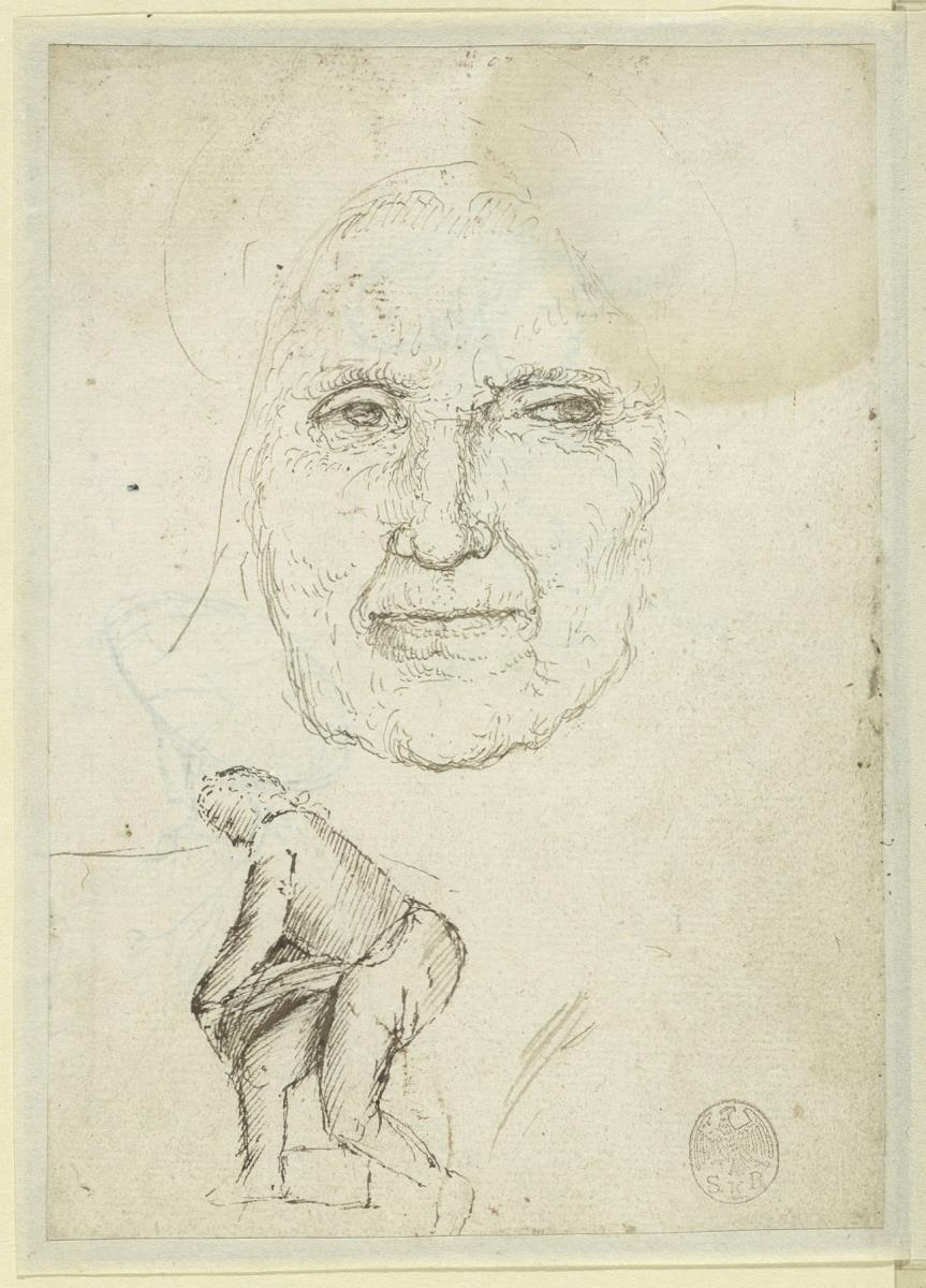 Gesicht einer alten Frau, gebückte FIgur, die einen schweren Gegenstand trägt (eine Treppe hinauf?, später hinzugefügt)