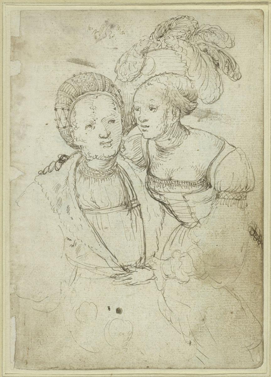 Aufreizend gekleidete junge Frau, die sich zu einem sitzenden reichen Mann beugt und ihm den Arm um die Schulter legt (nach Lucas van Leyden)