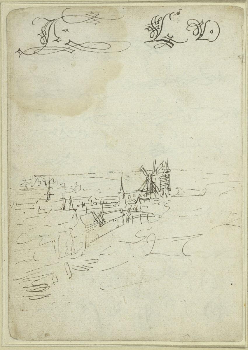 Drei typographische Studien, Ansicht von Amsterdam mit dem Stadttor Haarlemmerport (wohl Studie für die "Vogelperspektive der Stadt Amsterdam" (1538, Amsterdam Museum, Amsterdam))