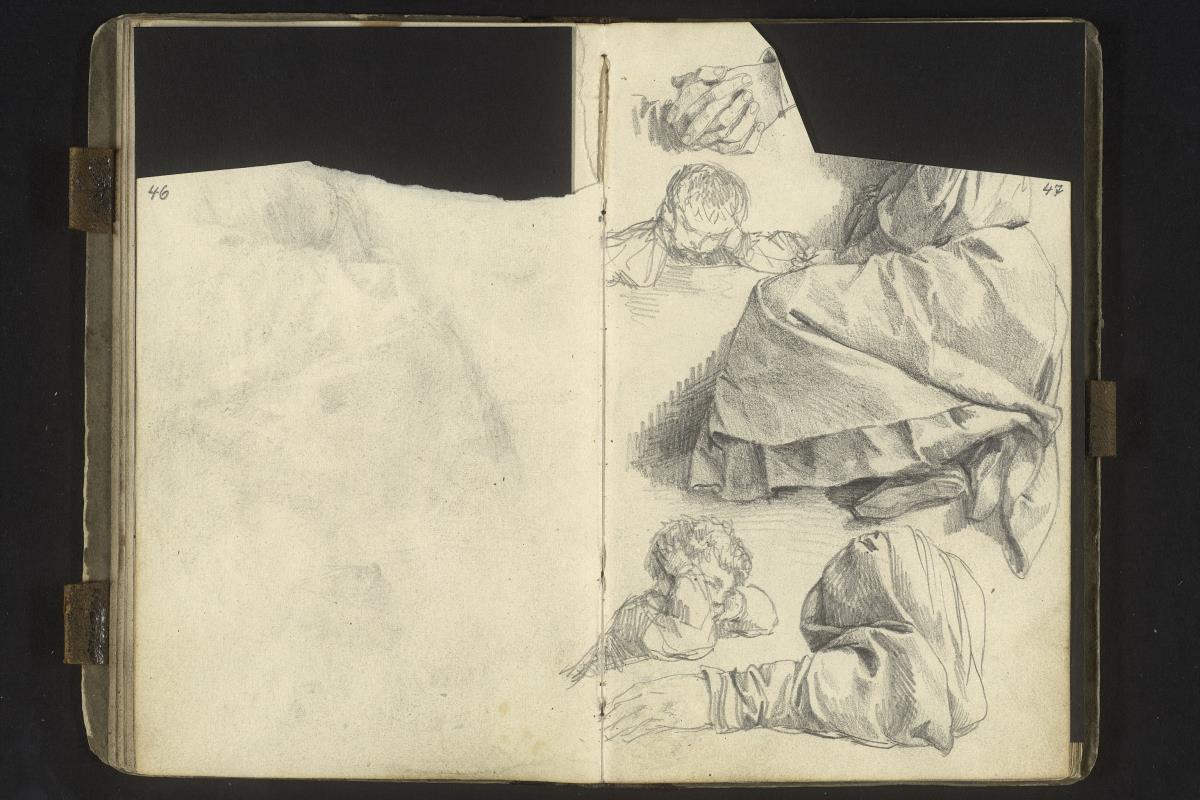 Sitzende Frau (Kopfpartie abgeschnitten), Knabe mit aufgestützten Armen (zwei Skizzen), verschränkte Hände, Ärmelstudie