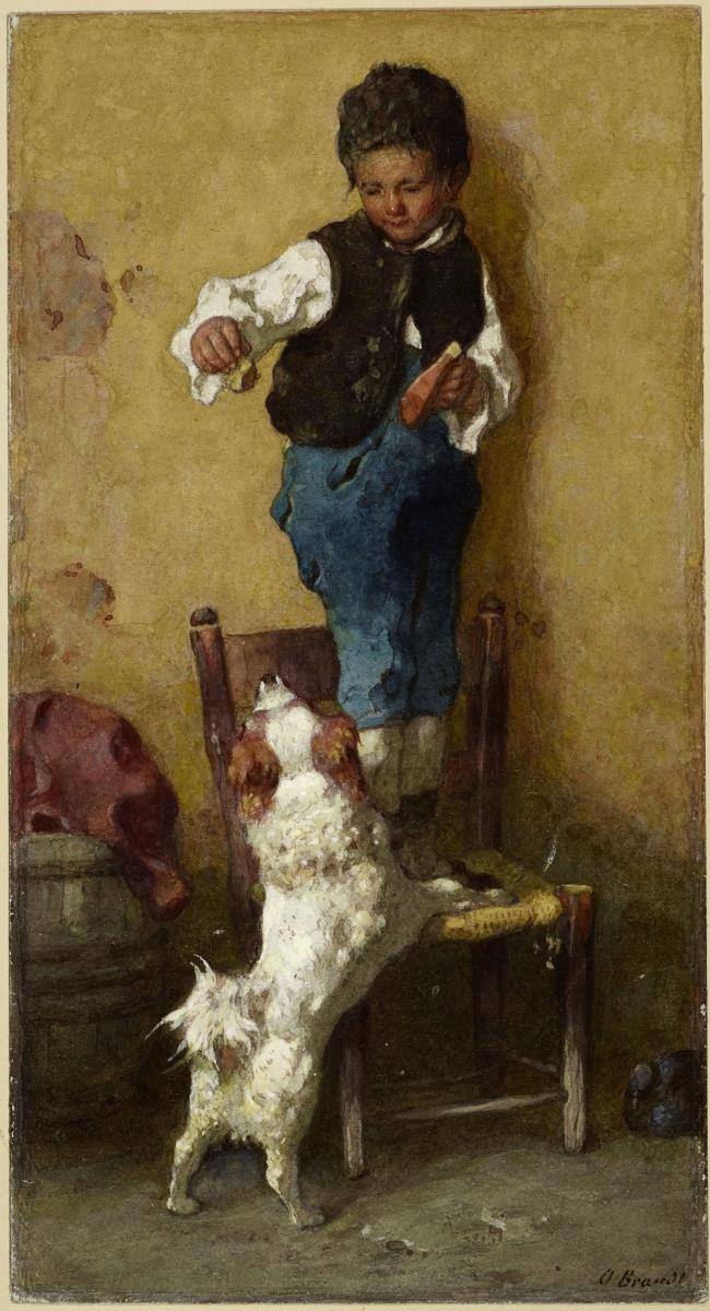 Knabe, mit einem Hund spielend