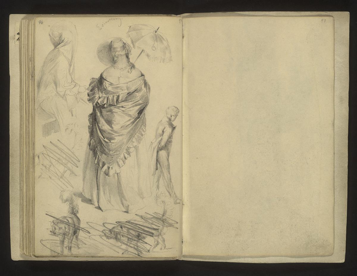 Frau mit Umhang und Sonnenschirm, gehender Mann, zwei Hundestudien (verworfen)