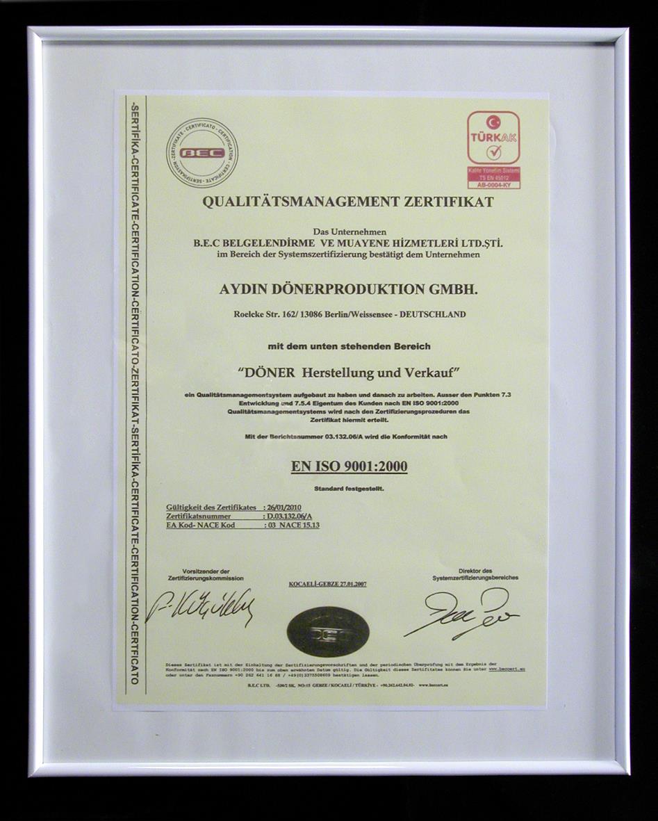 Qualitätsmanagment Zertifikat für die Firma Aydin Dönerproduktion GmbH