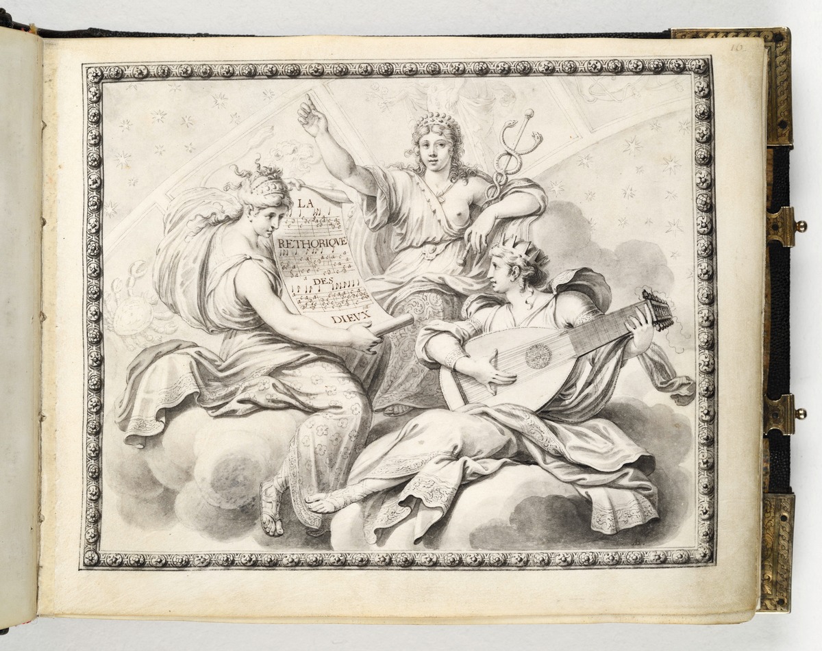 Die allegorischen Figuren der Musik, Harmonie und Beredsamkeit vor dem Firmament
