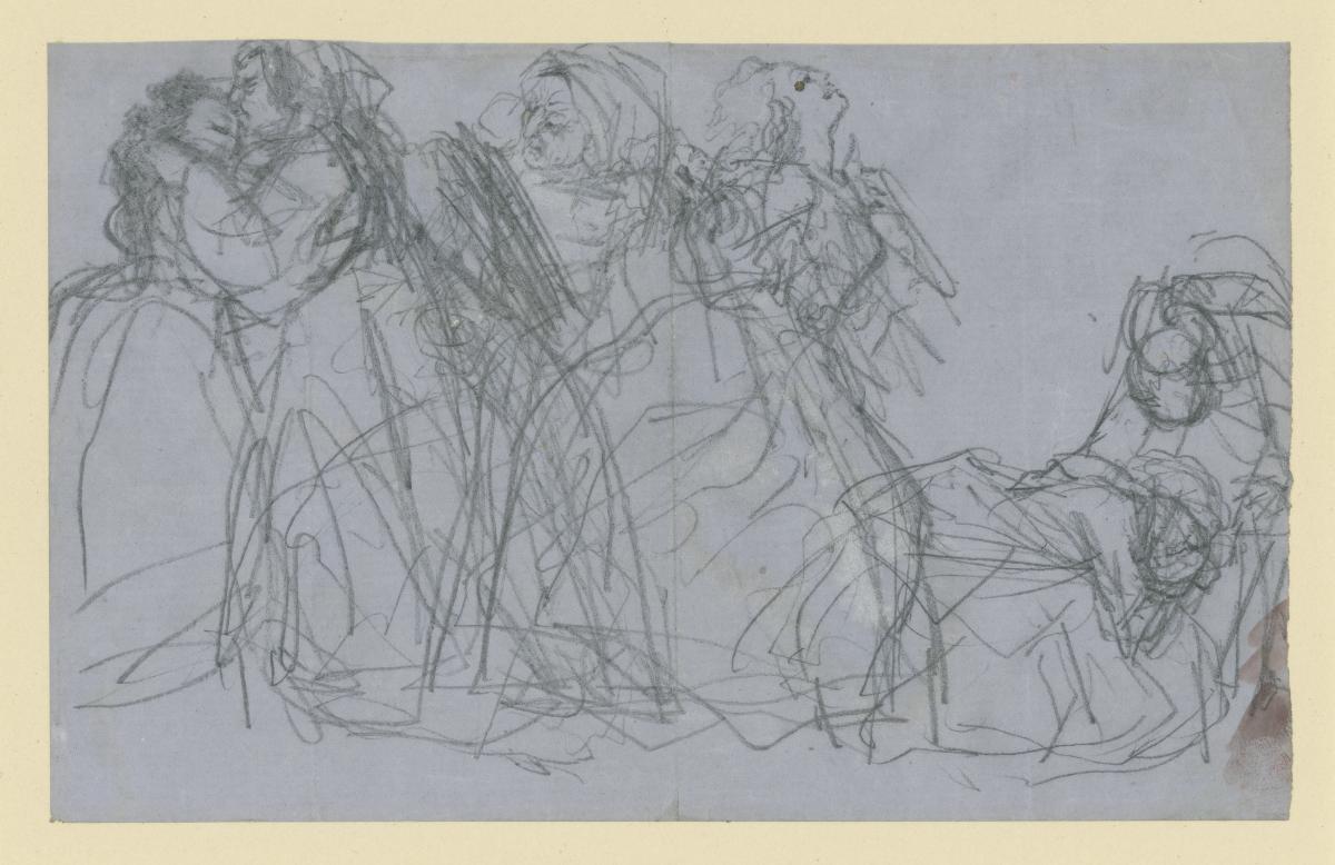 Weibliche Theaterfiguren, sich umarmend und in Ekstase