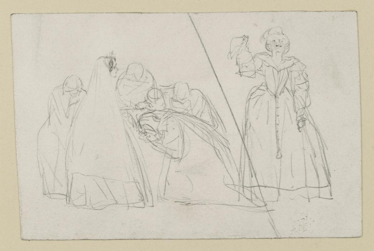 Links Huldigungsszene; rechts stehende weibliche Theaterfiguren, en face