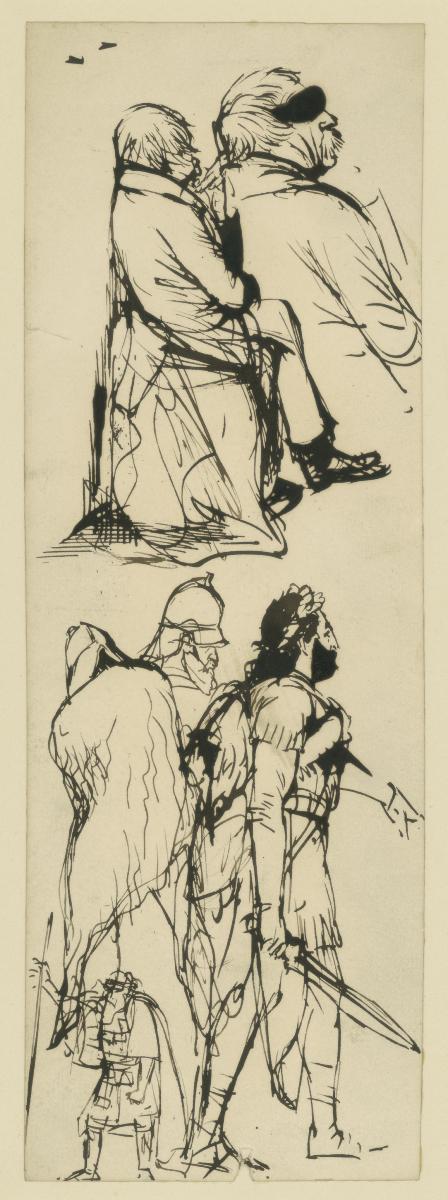 Sitzende männliche Kostümfigur, nach rechts, und Brustbild nach rechts, unten Gruppe von Theaterfiguren, der vordere rechts ein mit Lorbeer geschmückter Krieger mit Schwert ind er Rechten, unten links kleine Figur einer alten Frau mit Stab in der Rechten