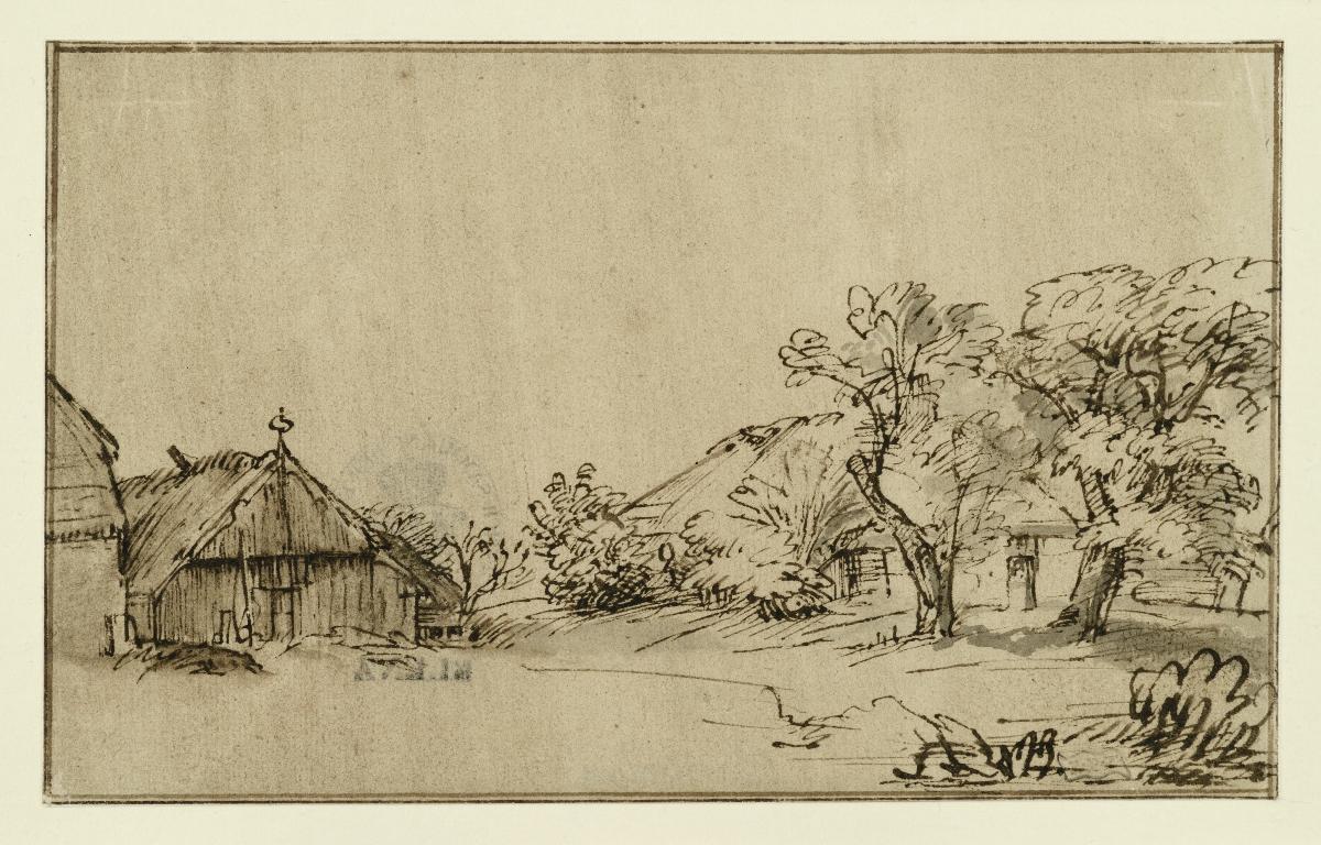 Bauernhäuser, rechts zwei Bäume