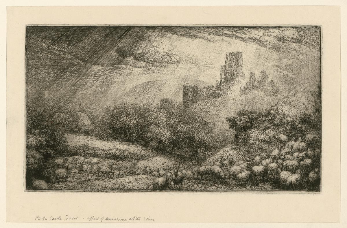 Corfe Castle, Dorset. Der Beleuchtungseffekt von Sonnenschein nach einem Regenschauer
