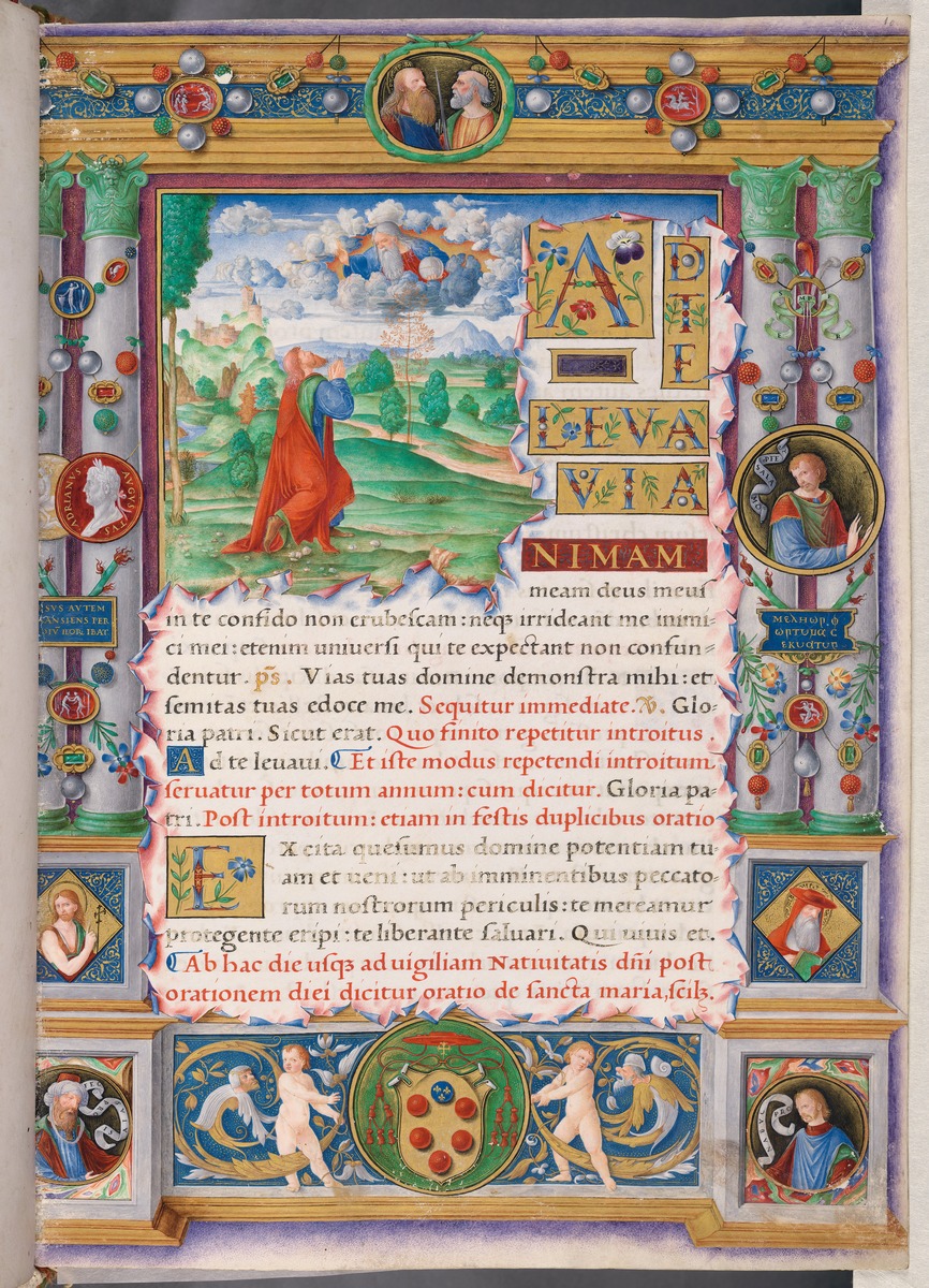 Titelseite mit Umrahmung und König David vor Gott (aus Missale Romanum, geschrieben für Giulio de'Medici (Papst Clemens VII.))